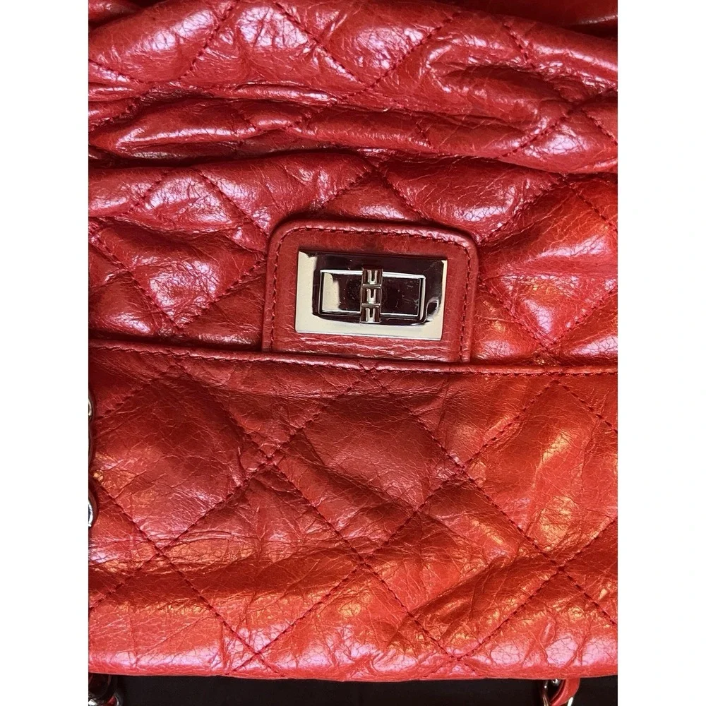 Red Quilted Stitched Fold Over Shoulder Bag Silver Hardware Double Handled Purse